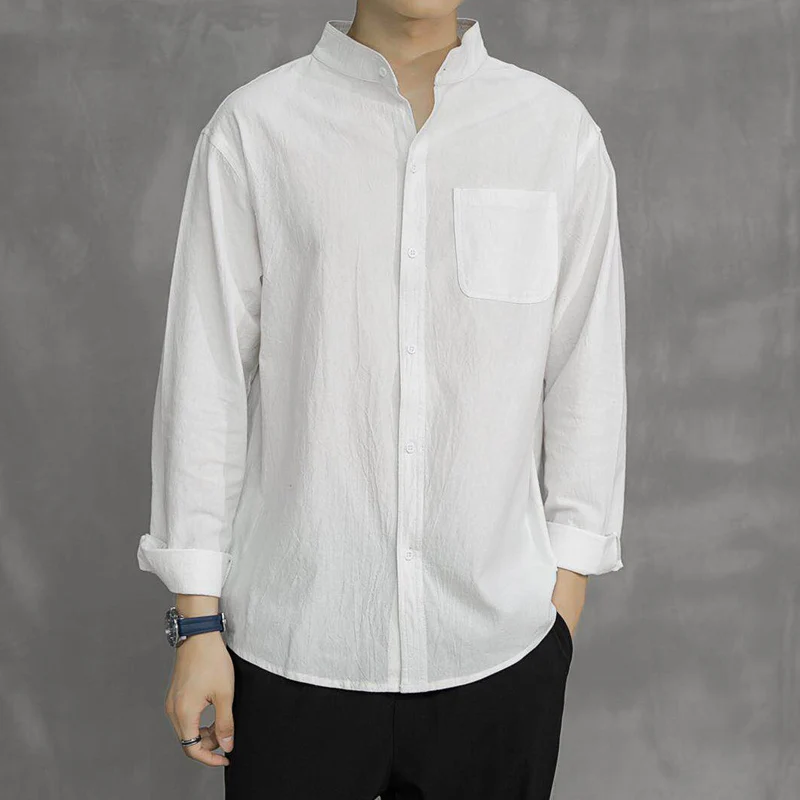 

Korean New Fashion Cotton Linen Touch Men White Shirts Stand Collar Button Up Harajuku Shirt 4XL 5XL