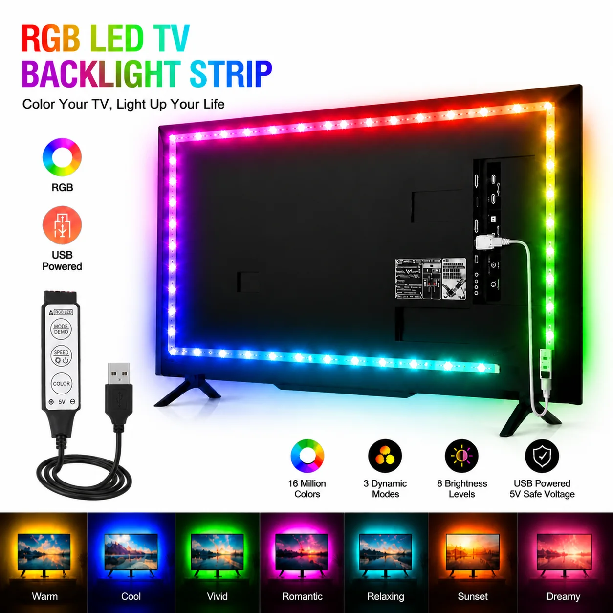 LTG-GEE Led Lights for TV 3 Key Control Led Strip USB 5V Tape Lights for TV Backlight Home Party Decoration Flexible Ribbon