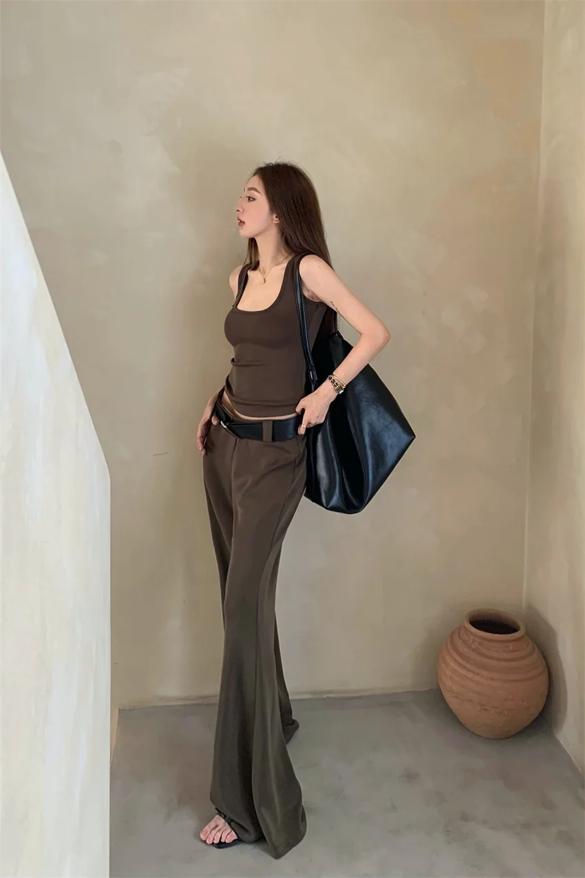 

Suit Pants Spicy Girl Black High Waist Women's Summer Wide Leg Pants Flared Trousers Two-piece Set