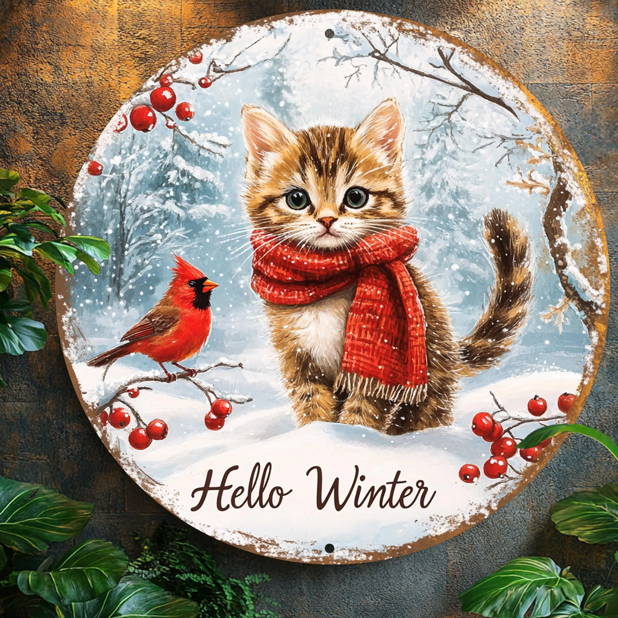2D flach, 1 Stück Vintage-Wandkunstschild aus Aluminium mit Weihnachtskatze und Kardinal – 20,32 x 20,32 cm, runde, rustikale Winterszene mit Hello Winte