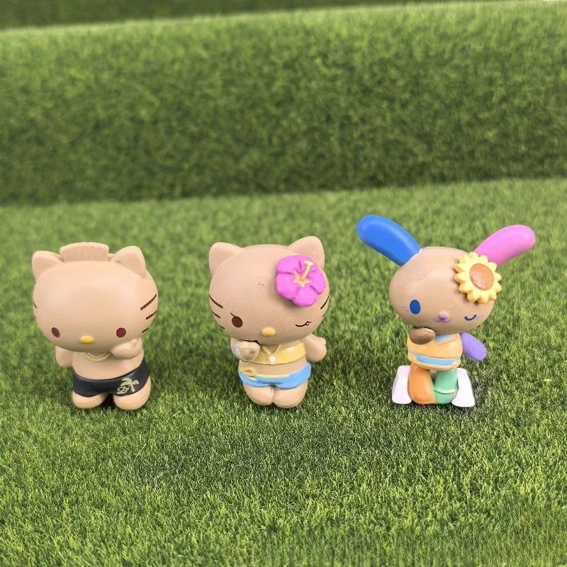 Anime Figuur Sanrio Hello Kitty Kuromi Melody Zwarte Huid Kt Kat Zomer Kust Vakantie Serie Blind Box Speelgoed Ornament Kid Geschenken