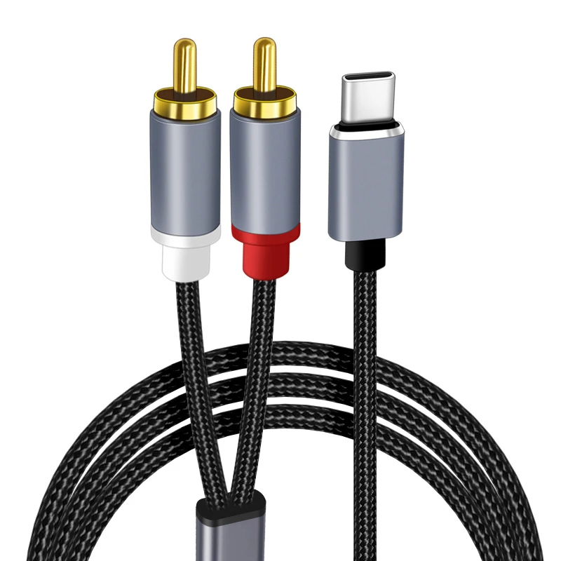 Cable de Audio tipo C a RCA, convertidor de Cable auxiliar 2 RCA, línea de Audio USB C para amplificador de altavoz de teléfono móvil, potencia de Audio