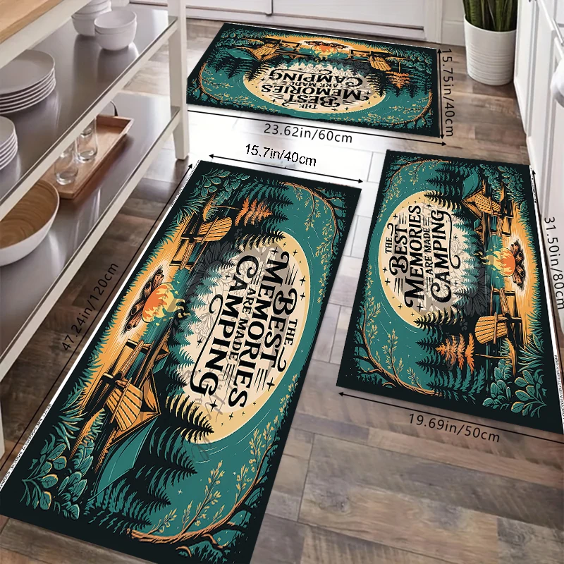 Camping Memories Kitchen Rug Set- Retro Outdoor Print NonSlip Oil Proof Runner Rug for Kitchen Hallway Laundry Room&Camper Decor