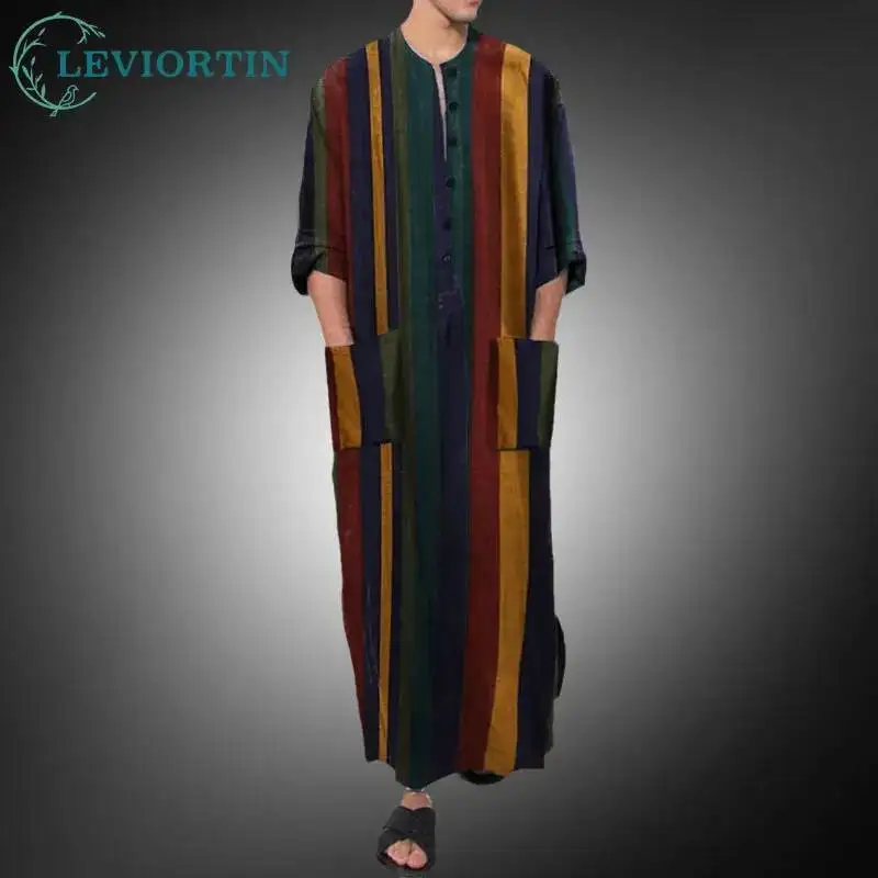 Men's fashion versatile, loose and breathable striped stand up collar, long sleeved Tang style clothing, embroidered Muslim robe