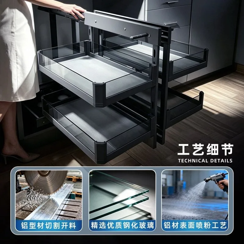 For  Basket Kitchen Cabinet Double Drawer Storage Built-in Rotatable Full Open Corner