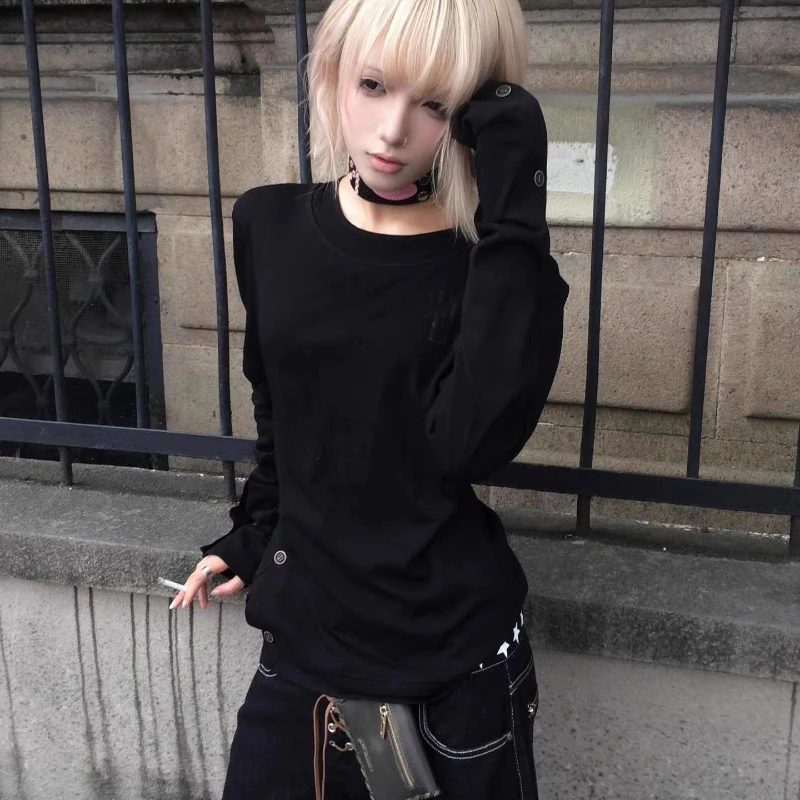 Deeptown Balck Vintage T-shirt Women Y2k Gothic Graphic Long Sleeve Button Grunge Tees Slim Japanese Style E-girls Tops Casual