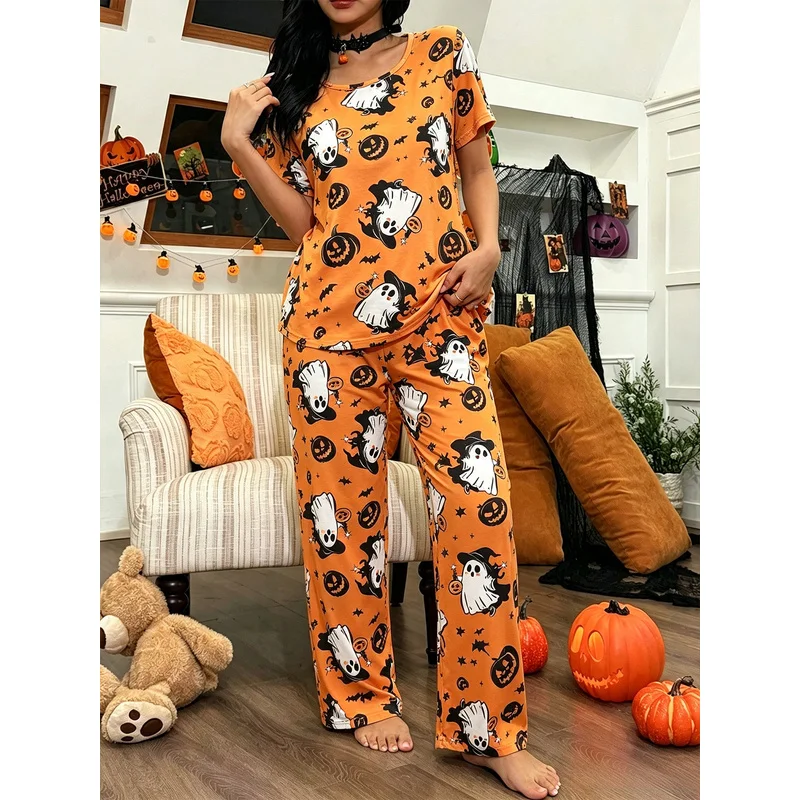 Women's Casual Halloween Theme Pajamas, 'Ghost' Pumpkin and Bat Pattern Printed Orange Short-Sleeved Long Pants Round-Neck Set
