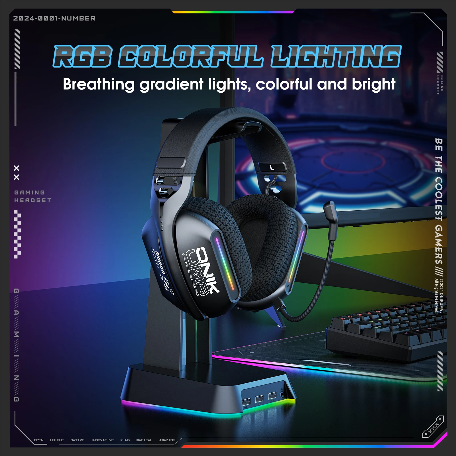 Проводная игровая гарнитура ONIKUMA GT808 с RGB-подсветкой, 2,4 ГГц