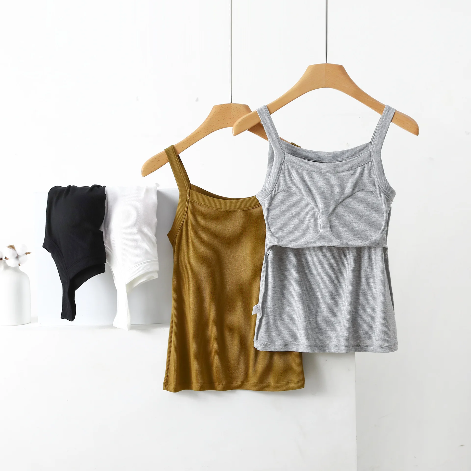 Rib Cotton camisole Bra Padded cami Tank Top solid color Anti-emptied tee tops sleeveless removable