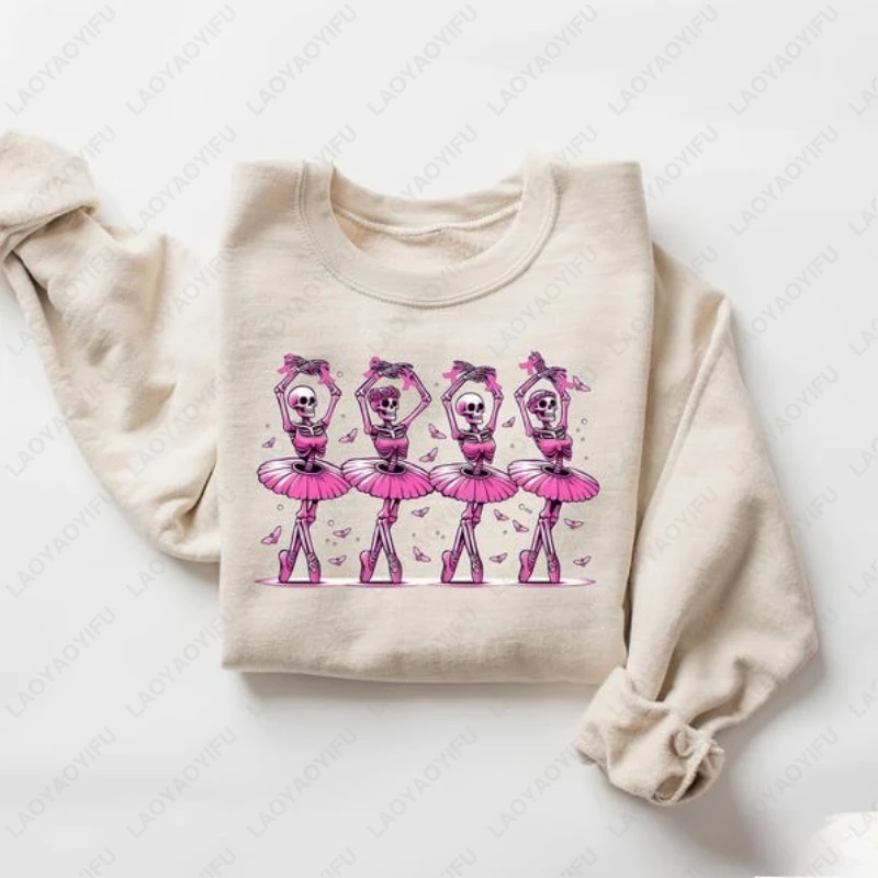 

Dancing Skeletons Breast Cancer Pink Ribbon Round Neck Sweatshirt Halloween Style Cute Creative Comfortable Men Women Pullover