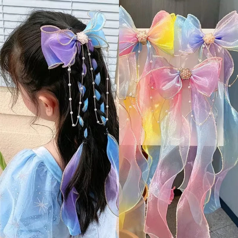 Cute Elegant Mesh Bow Ribbon Clips Baby Girls with Faux Pearl Tassel Decoration Hair Accessories for Party Performance Wholesale