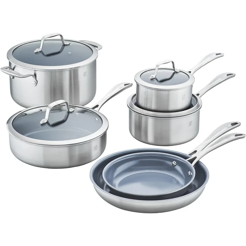 

Spirit 3-ply 10-pc Stainless Steel Ceramic Nonstick Pots and Pans Set, Dutch Oven, Fry Pan