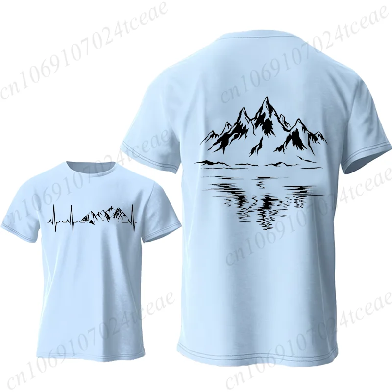 Mountain Print Men's T-shirt Summer Comfortable Breathable Short-sleeve Top Mountain Heartbeat Pulse Line Oversized Men T-shirt