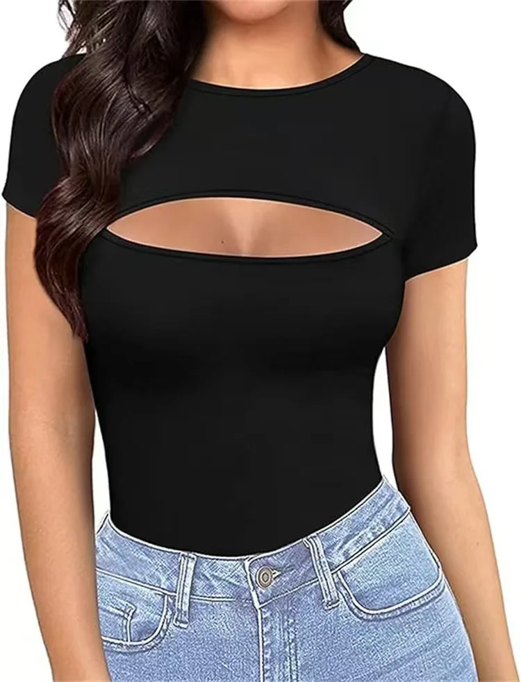 New products are hot-selling in Europe America, sexy round neck front hollow slim-fitting long-sleeved onesie women's cw53767
