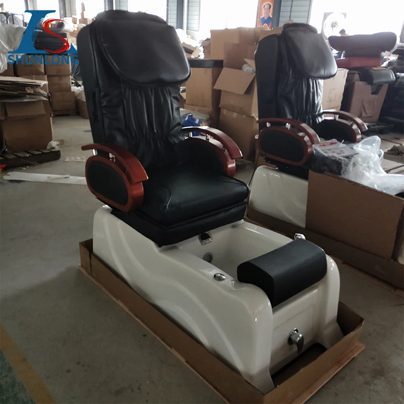 Brown PU Pedicure Spa Chair with White Fiberglass Foot Tub, Electric Reclining Foot Massage Chair, Wooden Armrest Nail Salon Bea