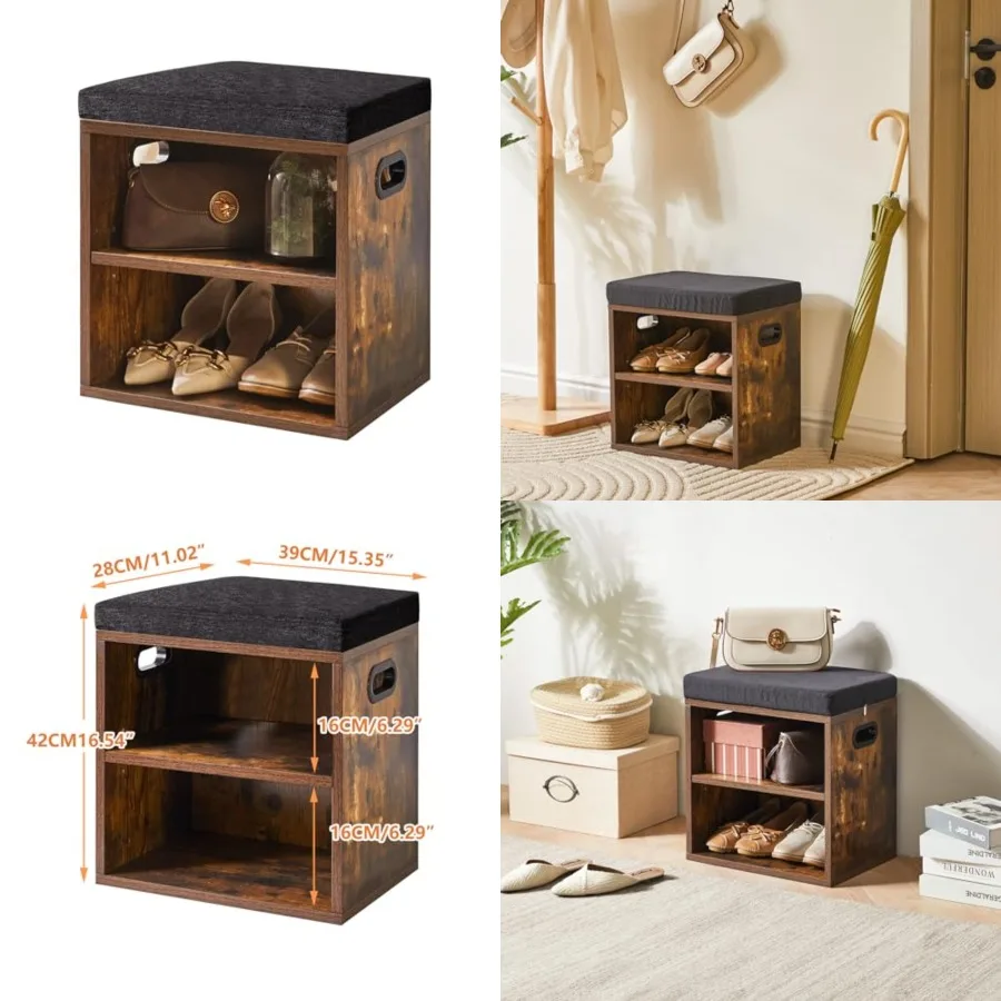

Shoe Storage Bench with Cushion, 2 Tier Shoe Rack with Padded Seat, Adjustable Shoe Organizer Cabinet for Entryway, Living Room, Hallway, Closet, 15.4L*11W*16.54H, Rustic Brown