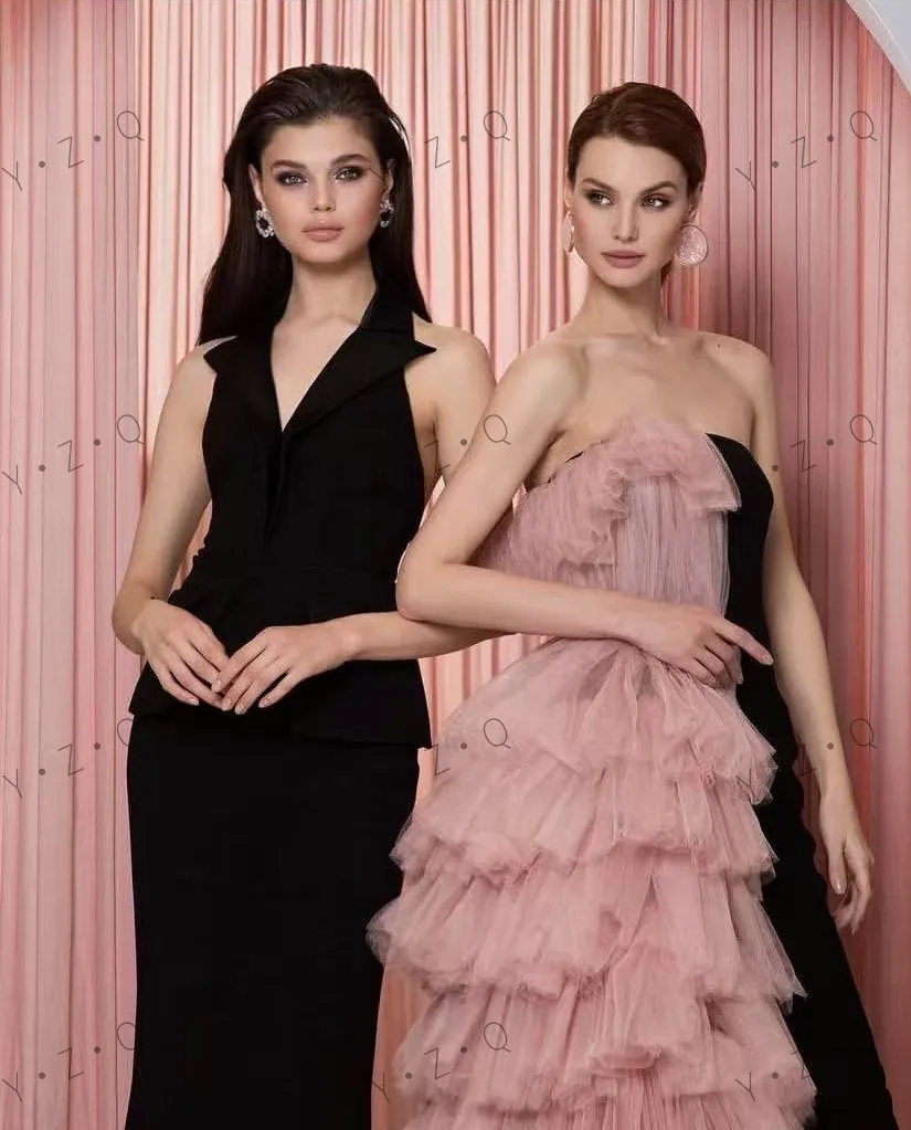 Rosa preto feminino maxi vestido para casamento babados overskirt fora do ombro vestido de festa sem alças babados longos vestidos formais em camadas