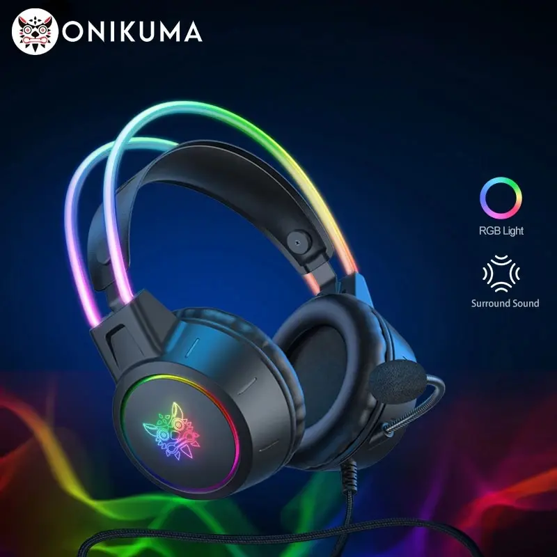 ONIKUMA-auriculares X15 Pro para videojuegos, cascos por encima de la oreja con cancelación de cable, orejas de gato rosas, luz Rgb con micrófono para PC y PS4