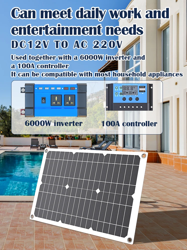 600W flexibles Solarpanel-Kit mit 6000W-Wechselrichter, 100A-Laderegler, DC12V zu AC220V, netzunabhängiges Stromversorgungssystem für Wohnmobile, Camping, Haushalt und Outdoor-Nutzung.
