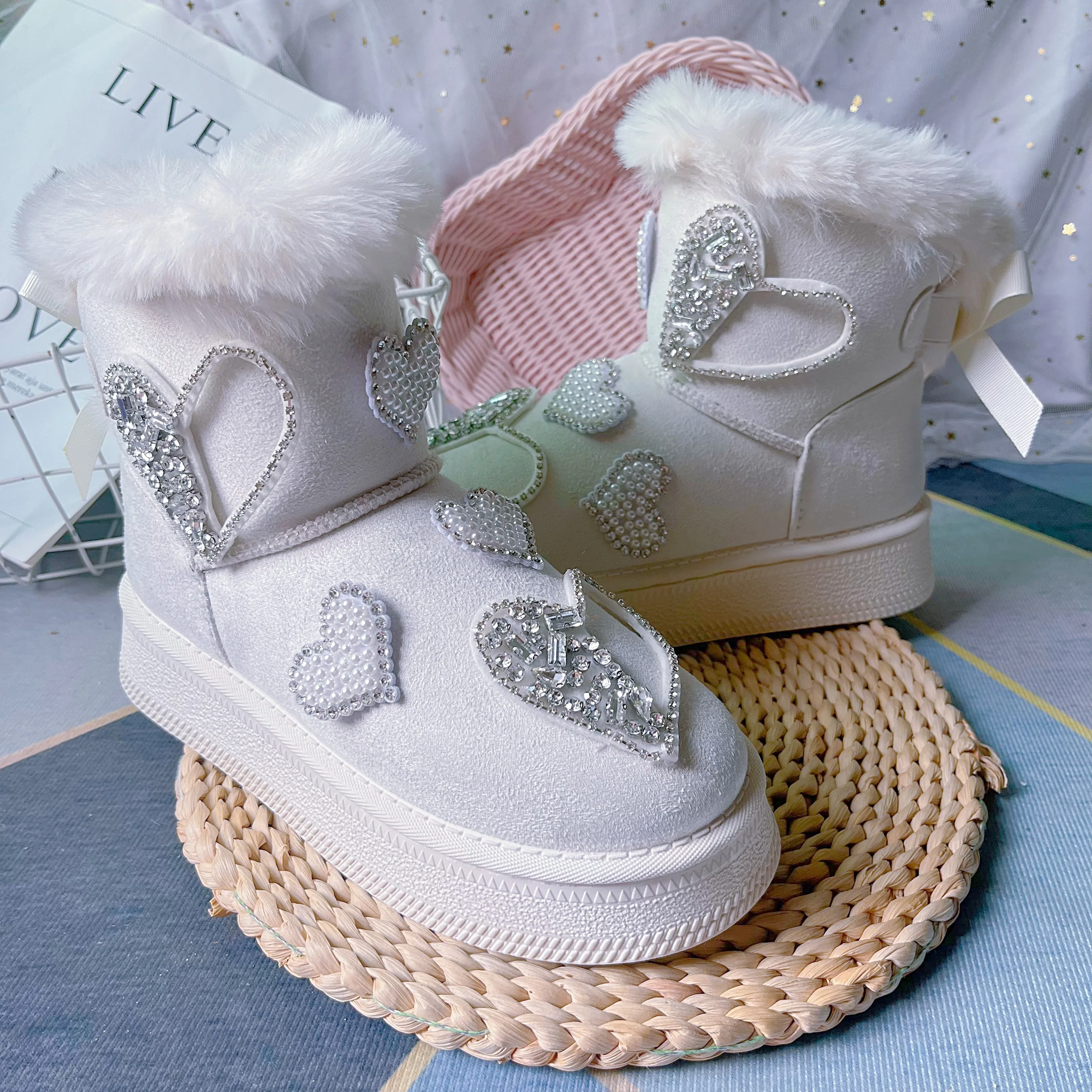 Winter Thickened Warm Cotton Boots  Big Size 41 42 Beige Dirt-resistant Diamond-encrusted Thick-soled Snow Boots