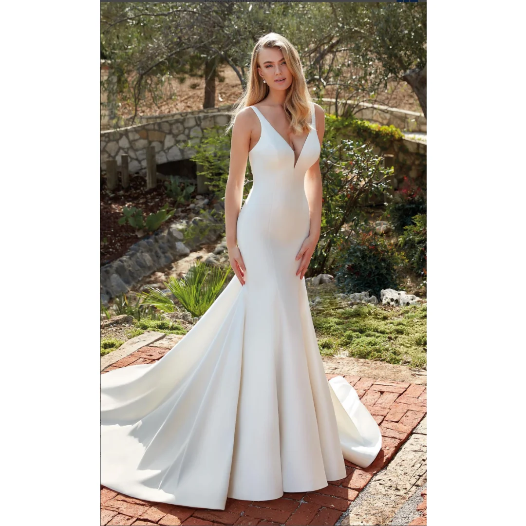 Custom Spaghetti Strap Satin Mermaid Wedding Dress Deep V Neck Open Back Bow Detail Simple Elegant Bridal Gown With Long Train