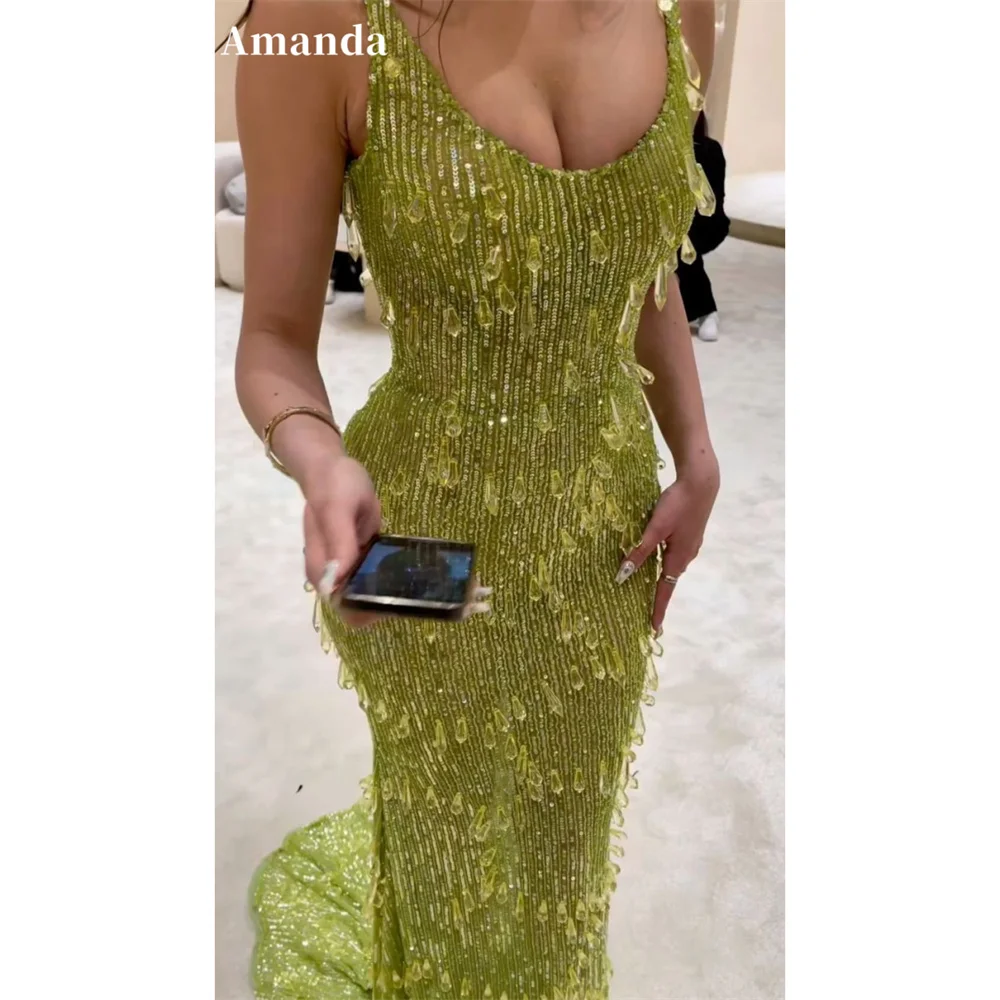 

Amanda Customized Green Mermaid Shiny Sequins Prom Dress Crystal Spaghetti Strap vestidos de noche Backless Train Formal Evening