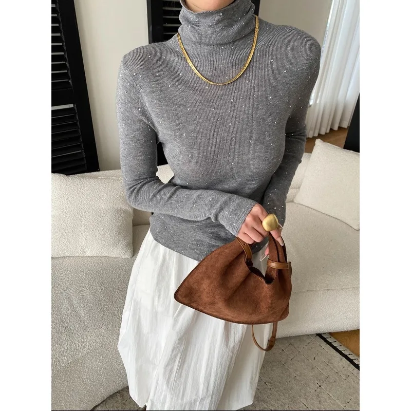 New French Style High-End High-Neck Slim-Fit Knit Base Shirt Beige Turtleneck Long Sleeve Slim Fit Knit Top With For Women XT85