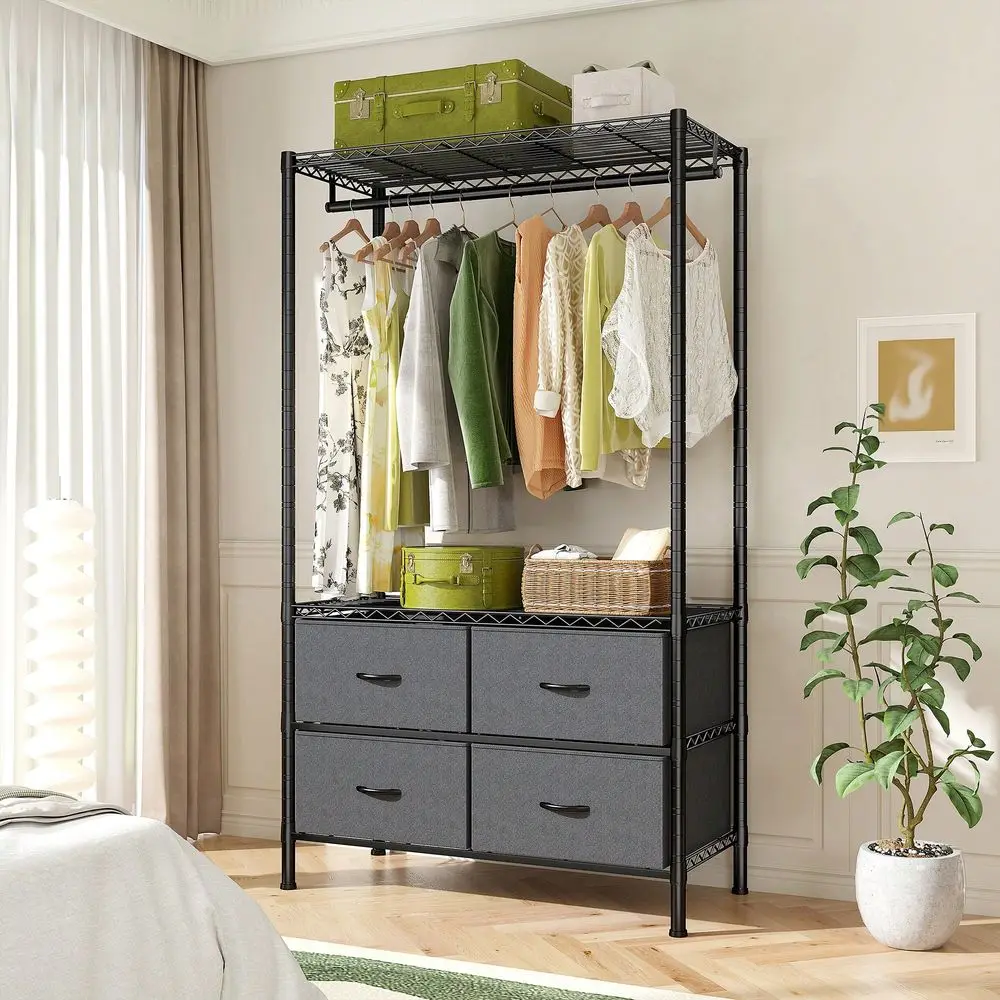 

Heavy Duty Tall Clothes Rack With Shelves, Hanging Hanger With 4 Drawers, Freestanding Adjustable Wardrobe Closet For Bedroom,