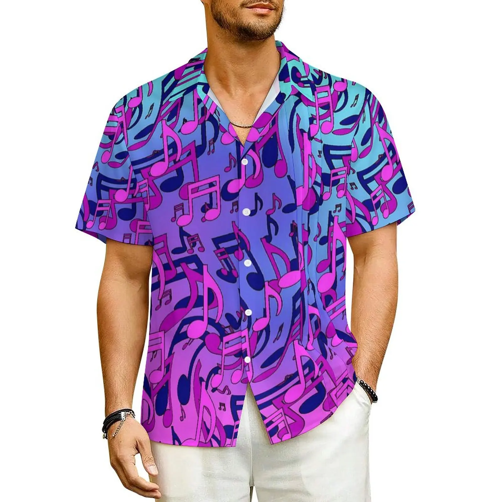 Camisa hawaiana de manga corta para hombre, camisa informal con notas musicales, color rosa y morado, estilo callejero, oversize