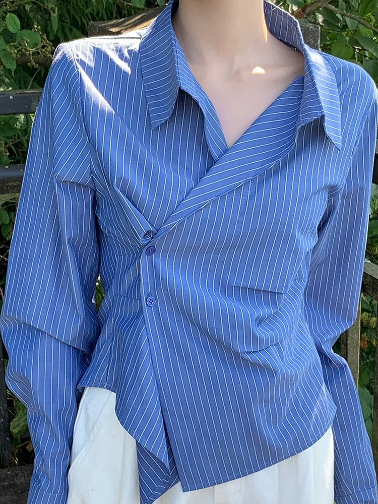 

Chic Blue Striped Long Sve irt Women's Design Sense Turn-down Collar Waist-cinched Faionable Korean Sle Loose Fit