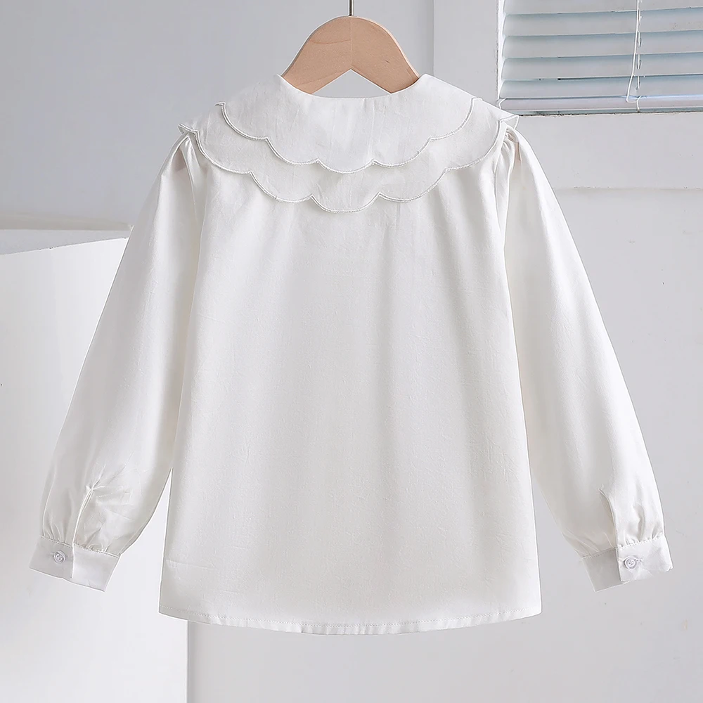 Girls 6-12 Years 100% Cotton Long Sleeve Shirt White Floral Embroidery Peter Pan Collar Blouse Kids Sweet School Uniform Tops