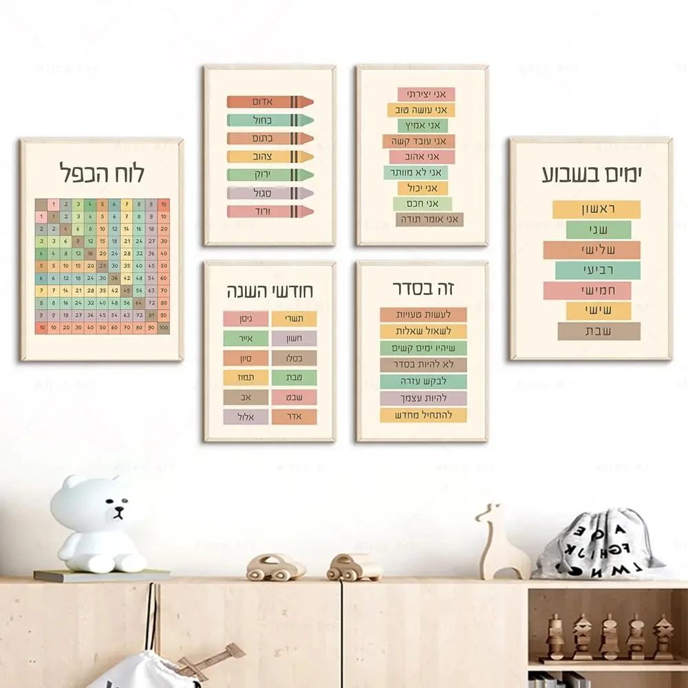 Hebrew Letters Alphabet Jewish Number Day Time Wall Art Canvas Painting Boho Posters And Prints Wall Pictures Kids Room Decor