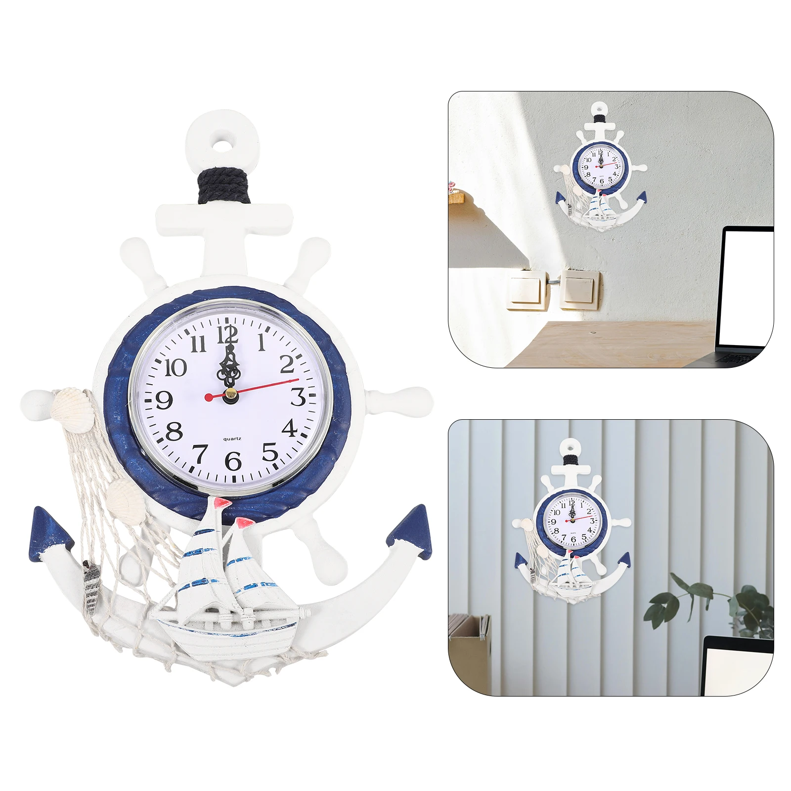 

Decoration Rudder Anchor Clock Vintage Mediterranean Style Boat Hanging Seaside Home