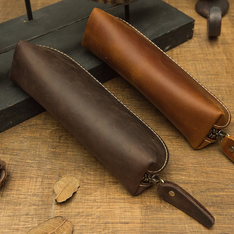 Vintage Genuine Leather Zipper Pencil Case Cowhide Leather School Office Stationery