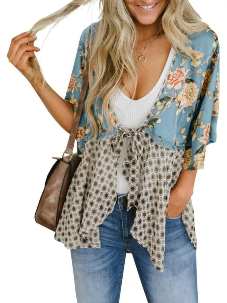 

New Women Floral Print Chiffon Shirt V Neck 3/4 Sleeve Tie Front Loose Casual Blouse Spring Autumn Fashion Top Woman Clothing