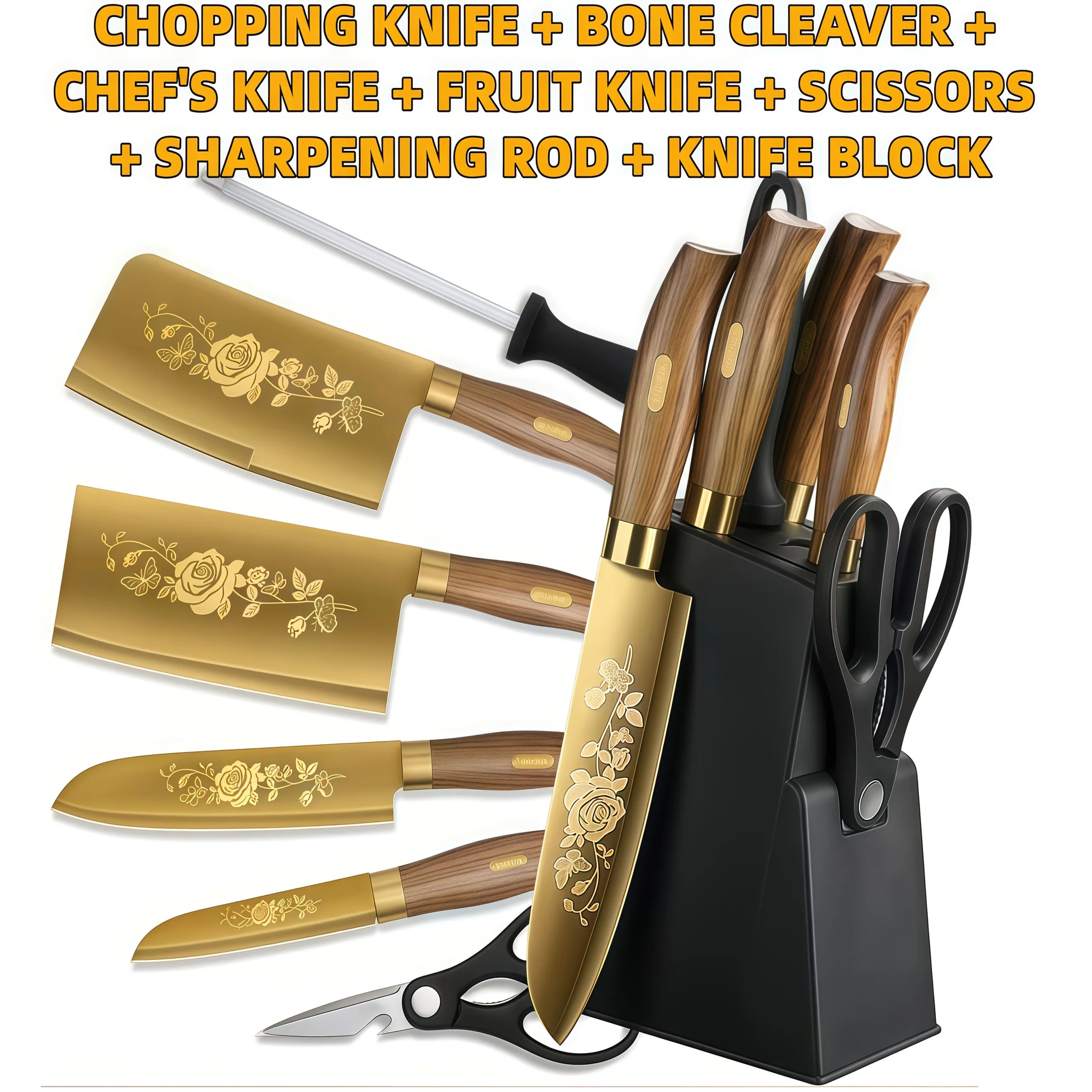 

7pcs Titanium-coated Knife Set, Complete with A Chef's Knife, Bone Cleaver, Fruit Knife, Knife Sharpener, Kitchen Scissors, And Knife Block-an Essential Combination for Home, Restaurant, And Kitchen Use.