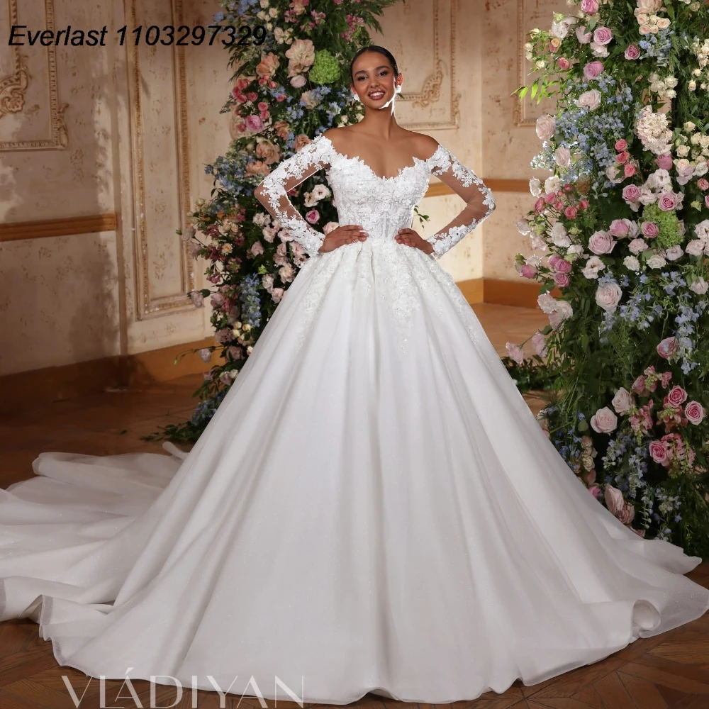 

EVLAST Customized A-Line Long Sleeve Wedding Dress Lace Applique Beading Vestido De Novia Bridal Gown Robe De Marie TBD18