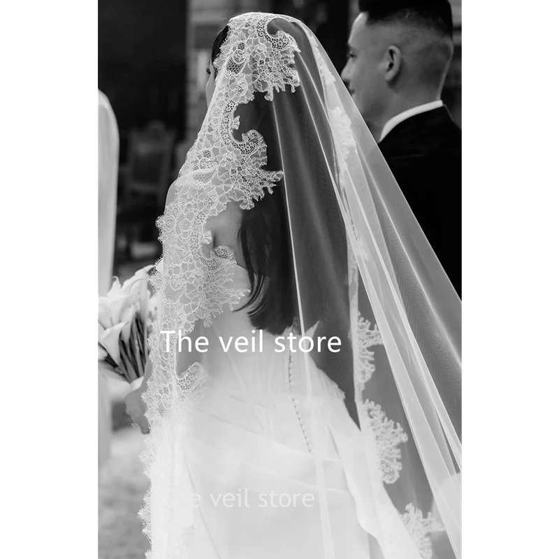 Marfim mantilla casamento véus de noiva catedral acessórios longos para noivas renda guarnição borda tule único vintage espanhol único