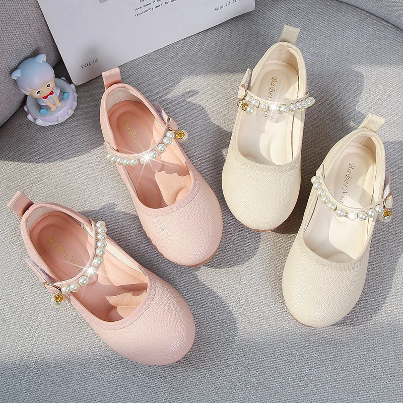 Chaussures en cuir à talons bas pour enfants, perle blanche, mode de passerelle simple, chaussures de princesse pour filles