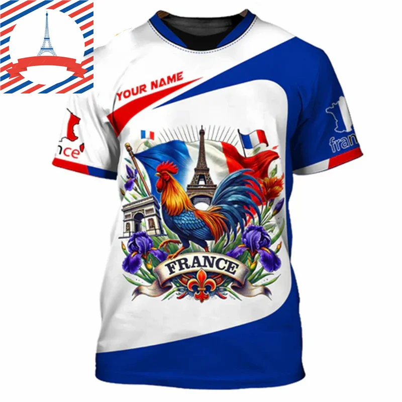 French Flag Football Jersey T-shirt For Men 3D Print  Rooster Crewneck T Shirts Custom Name Streetwear Summer Fashion Trend Tee