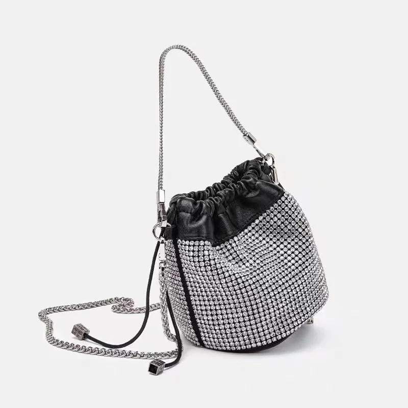 Crystal Shiny Rhinestones Diamond Bucket Bag Black String Women's Handbag Evening Bag Wedding Party Clutch Purse Shoulder Bag