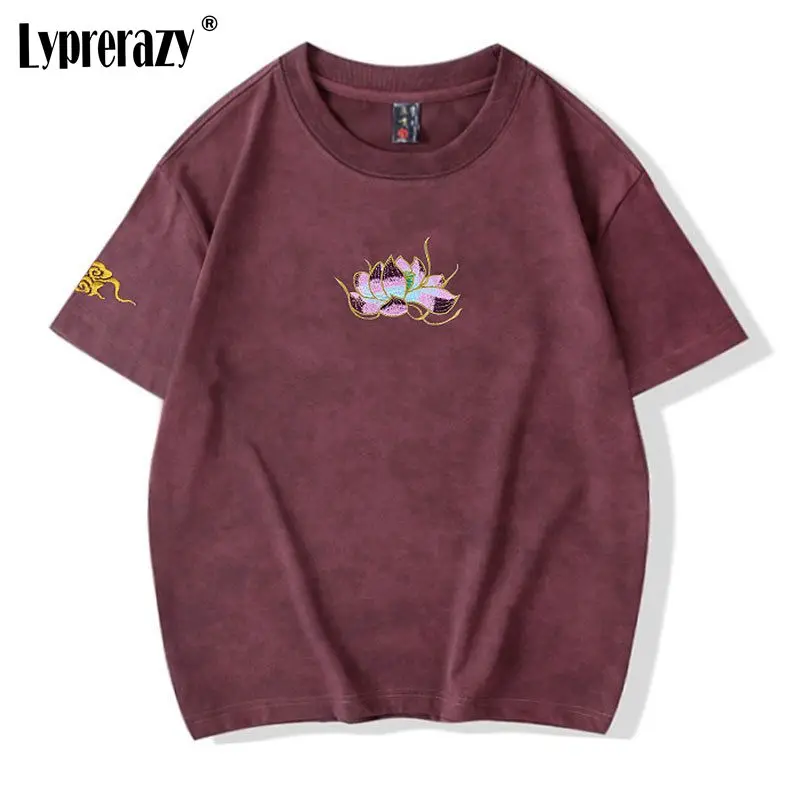 Embroidered Washed Cotton Lotus Embroidery Short Sleeve T-shirt Summer Retro Loose Chinese Style Shirt
