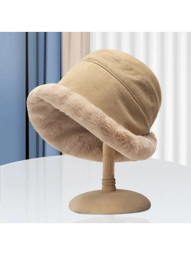 AliExpress Winter Women Plush Fisherman Cap Thick Fluffy Fur Panama Basin Cap Solid Color Bucket Hat Windproof Female Warm Beanies Skullcap