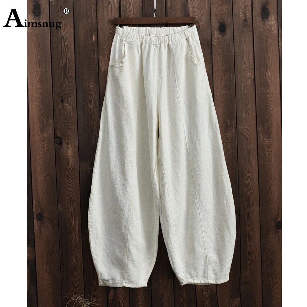Cotton Linen Bloomers Wide Leg Pants  Large Big 5XLWomen Vintage Full Length Fashion Elegent Pants Solid Elasitic Waist Trousers