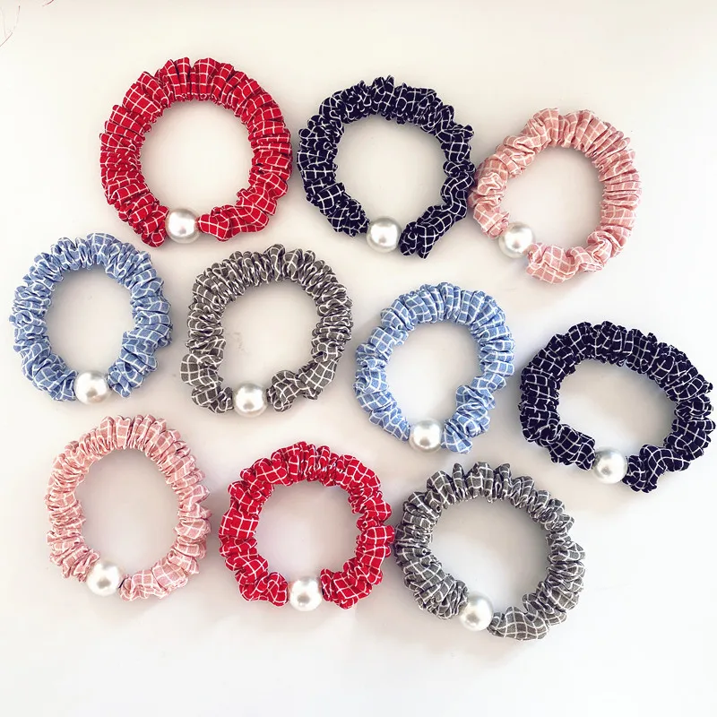 

【Five-piece set】Checked Fabric Imitation Pearl Small Intestine Head Rope Hair Ring women's High Elastic Rubber Band Head Rope