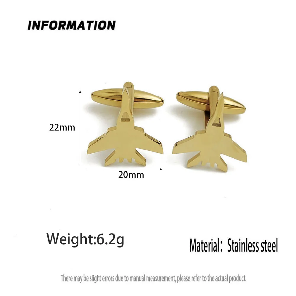 316L Stainless Steel Plated 18K Gold Fighter Jet Cufflinks Aviation Plane Suit Business Men Metal Jewelry Gift