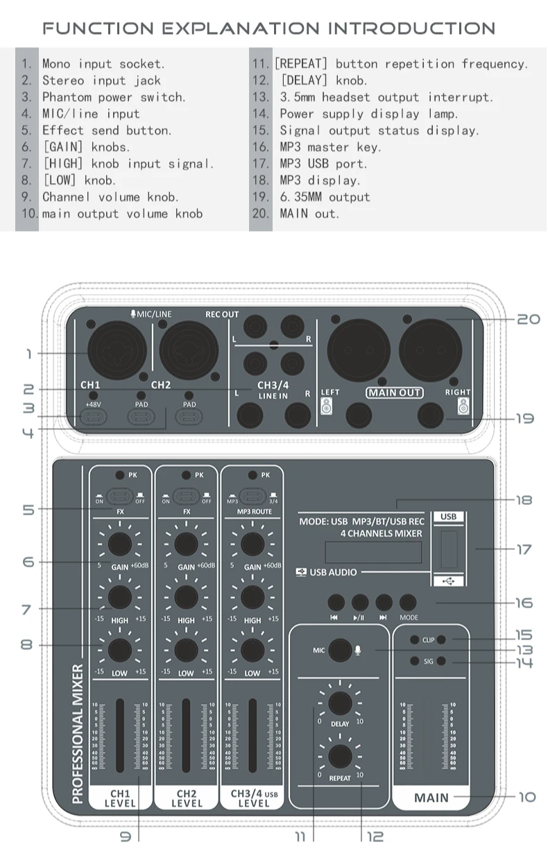 4 Channel Audio Mixer 48V Phantom Power USB Studio Sound Mixers Bluetooth DJ Console Mixing for Karaok