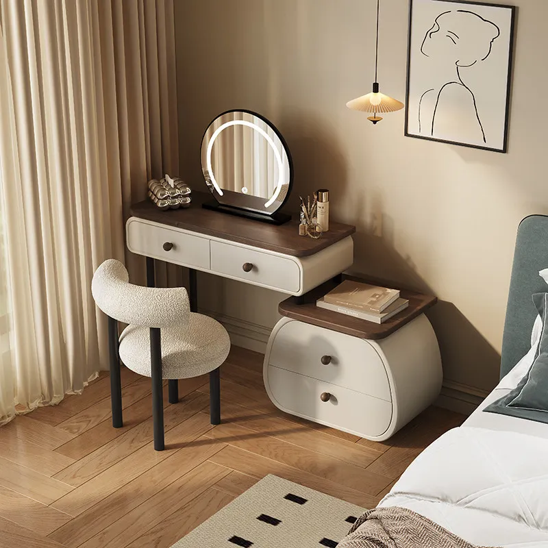 Retro Style Solid Wood Dresser Drawer Storage Bedroom Sets Light Luxury Makeup Vanity Table With Mirror And Stool Home Furniture