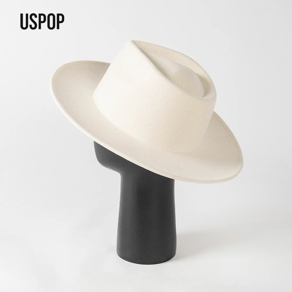 

USPOP Autumn Winter Stylish Premium White Wool Felt Fedora Sleek Minimalist Wide Brim Jazz Hat for Women
