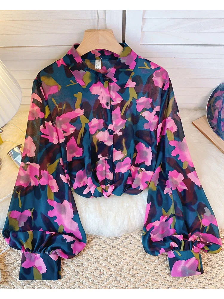 Women Sprin Autumn Shirt Polo Neck Long Sleeve Single Breasted Printed Chiffon Shirt Thin Western Versatile Slim Top D5499